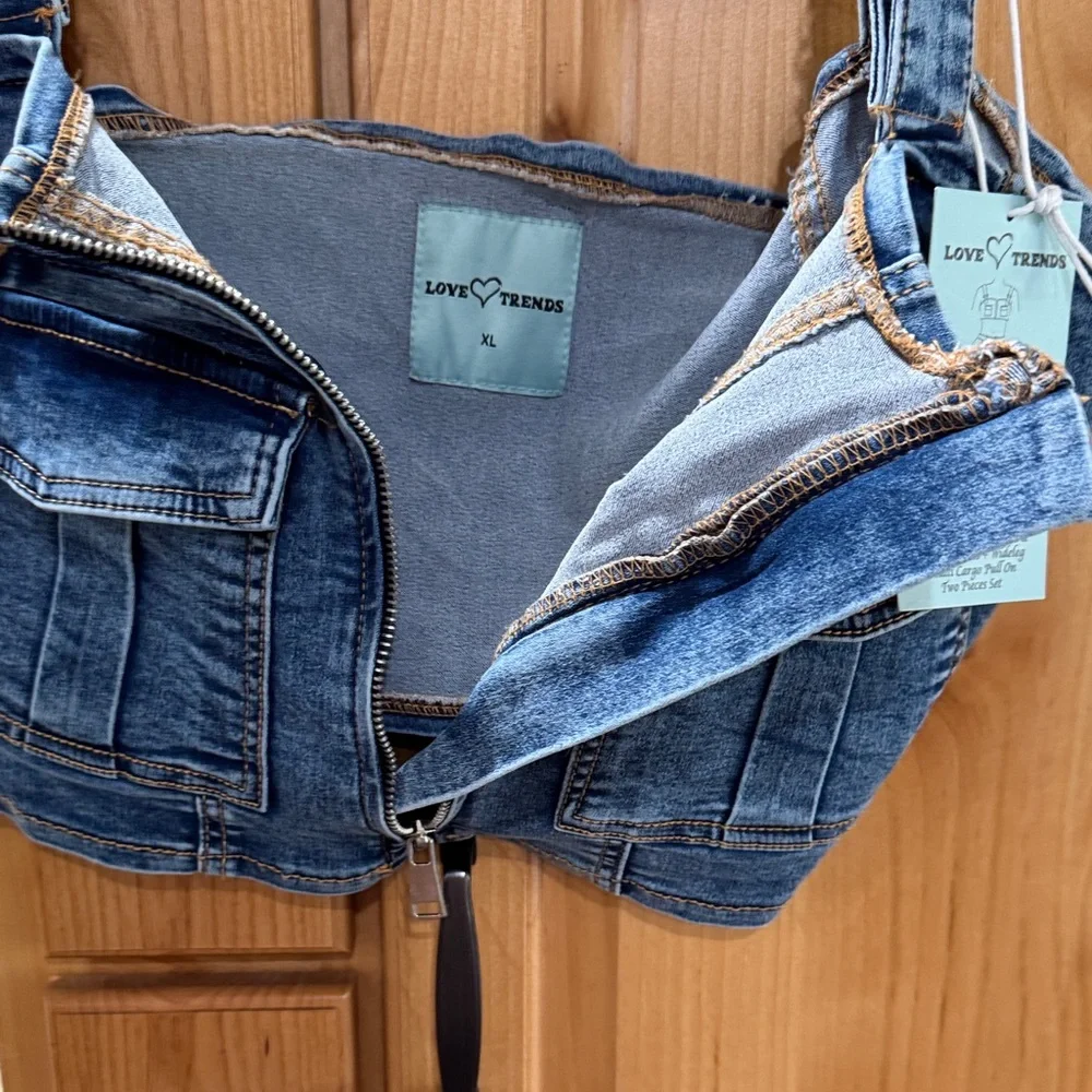 Denim Corset Top Cargo Pocket Zip Front Y2K Festival Crop XL 40” Bust - Picture 7 of 10